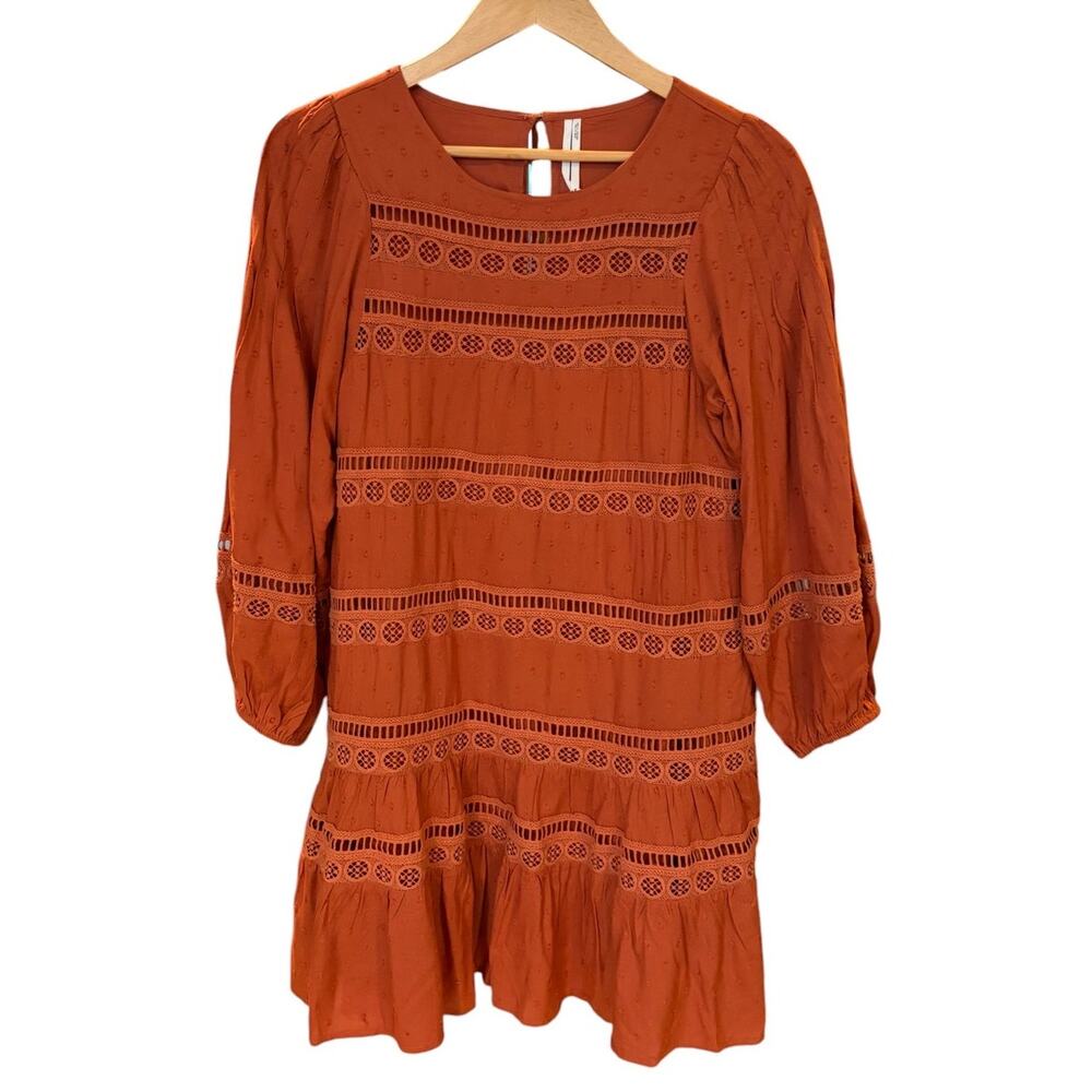 ANTHROPOLOGIE Women's Mini Dress XS Orange Lace Tiered Puff Sleeve Swiss Dot